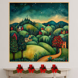 Whimsical Christmas Village on Rolling Hills Under Starry Sky – Folk Art Landscape Painting on Ready to Hang 1.5" Thick Canvas Wrap, Floating Framed Canvas, Flat Rolled Canvas