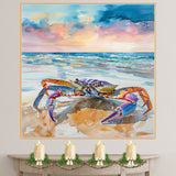 Vibrant Watercolor Crab Painting – Colorful Beach Crab with Sunset Sky and Ocean Waves Coastal Wall Art Print on Ready to Hang 1.5" Thick Canvas Wrap, Floating Framed Canvas, Flat Rolled Canvas