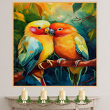 Vivid Lovebird Pair Artwork Featuring Colorful Tropical Parrots Cuddling on a Branch with Bright Feathers and Lush Jungle Background on Ready to Hang 1.5" Thick Canvas Wrap, Floating Framed Canvas, Flat Rolled Canvas