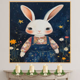 Adorable White Bunny in Floral Shirt and Overalls Hand Painted Art Whimsical Night Sky Scene Perfect for Nursery Kids Room Wall Decor Bedroom or Gift on Ready to Hang 1.5" Thick Canvas Wrap, Floating Framed Canvas, Flat Rolled Canvas