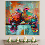 Vibrant Pair of Colorful Birds on Branch with Iridescent Feathers in Abstract Artistic Background Perfect for Nature Lovers and Bold Wildlife Art Enthusiasts on Ready to Hang 1.5" Thick Canvas Wrap, Floating Framed Canvas, Flat Rolled Canvas