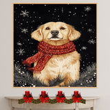 "Golden Winter Joy" - Golden Retriever in Red Scarf Sitting in Snow on Ready to Hang 1.5" Thick Canvas Wrap, Floating Framed Canvas, Flat Rolled Canvas