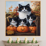 Cozy Fall Gathering: Tuxedo Cat Mom and Three Kittens with Pumpkin on Ready to Hang 1.5" Thick Canvas Wrap, Floating Framed Canvas, Flat Rolled Canvas