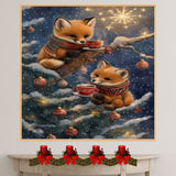 Two Baby Foxes in Scarves Drinking Cocoa on Tree Branch Surrounded by Ornaments and Snowflakes in Winter Night Scene Holiday Art Print for Seasonal Decor on Ready to Hang 1.5" Thick Canvas Wrap, Floating Framed Canvas, Flat Rolled Canvas
