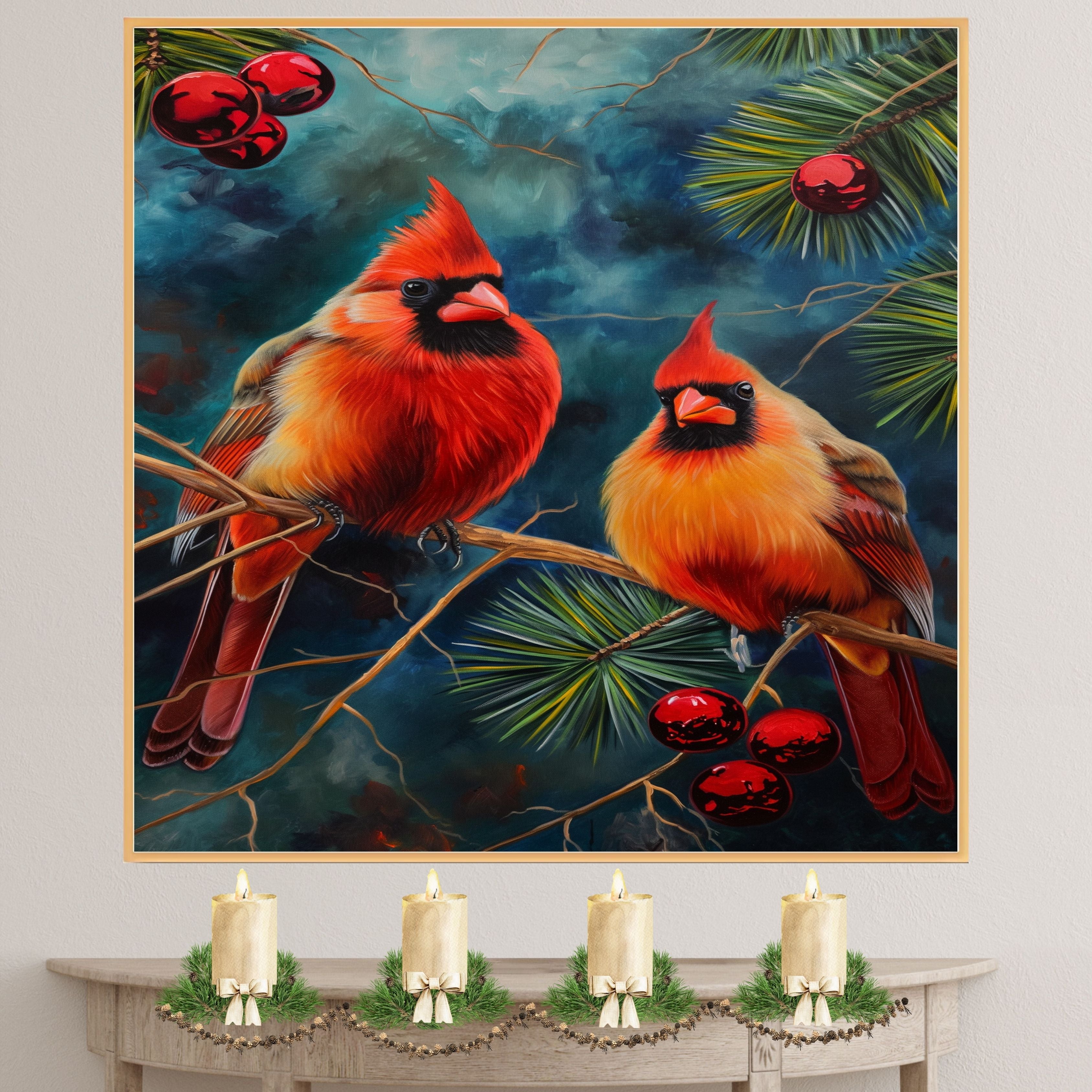 Christmas Cardinals on Pine Branch – Festive Red Birds with Ornaments in a Vibrant Winter Scene Painting Perfect for Seasonal and Nature-Inspired Displays on Ready to Hang 1.5" Thick Canvas Wrap, Floating Framed Canvas, Flat Rolled Canvas
