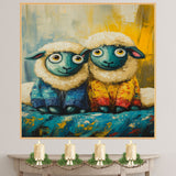 Whimsical Painting of Two Cute Sheep in Colorful Pajamas with Big Eyes and Fluffy Wool Perfect for Kids Room Nursery or Animal Lover Gift on Ready to Hang 1.5" Thick Canvas Wrap, Floating Framed Canvas, Flat Rolled Canvas