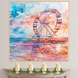 Watercolor Painting of a Ferris Wheel on a Pier with Colorful Reflections and Vibrant Skies at Sunset on Ready to Hang 1.5" Thick Canvas Wrap, Floating Framed Canvas, Flat Rolled Canvas