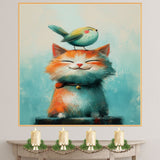 Whimsical Painting of a Smiling Orange Cat with a Happy Bird on Its Head Perfect for Animal Lovers and Playful Home or Nursery Decor on Ready to Hang 1.5" Thick Canvas Wrap, Floating Framed Canvas, Flat Rolled Canvas