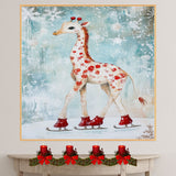 Whimsical Christmas Giraffe Ice Skating with Red Boots and Snowflake Accents – Playful Holiday Animal Art for Winter Decor and Festive Seasonal Cheer on Ready to Hang 1.5" Thick Canvas Wrap, Floating Framed Canvas, Flat Rolled Canvas