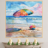 Watercolor Painting of Vibrant Beach Umbrella and Ball on Shoreline with Soft Ocean Waves and Pastel Sky for Summer Vibes on Ready to Hang 1.5" Thick Canvas Wrap, Floating Framed Canvas, Flat Rolled Canvas