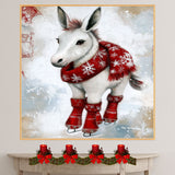 Whimsical Christmas Donkey Ice Skating in Red Snowflake Scarf Canvas or Holiday Wall Art Print on Ready to Hang 1.5" Thick Canvas Wrap, Floating Framed Canvas, Flat Rolled Canvas