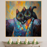 Painting of Two Cute Black Cats with Big Green Eyes Cuddled Together Under a Colorful Blanket Surrounded by Expressive Brush Strokes and Bright Vibrant Colors on Ready to Hang 1.5" Thick Canvas Wrap, Floating Framed Canvas, Flat Rolled Canvas
