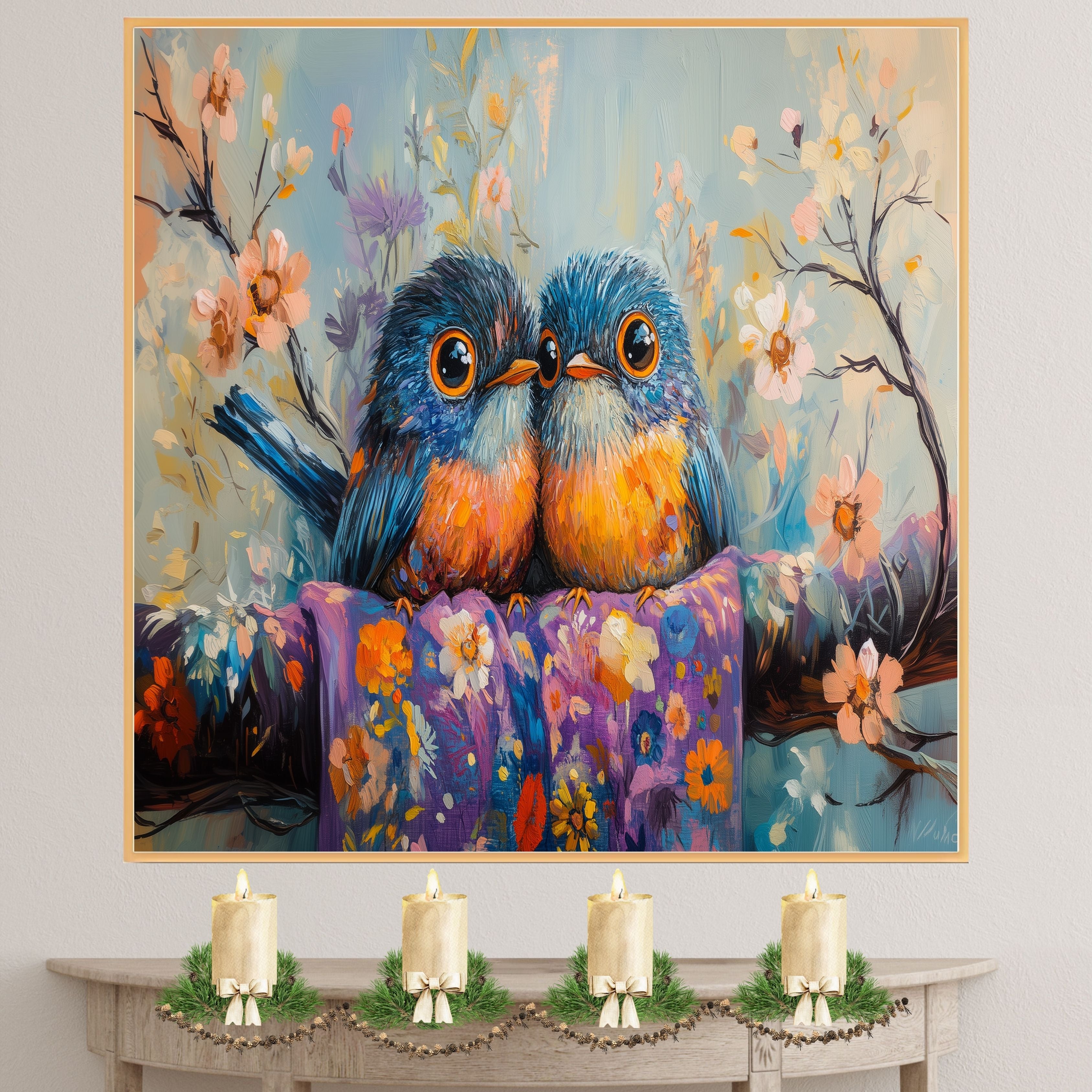 Painting of Two Colorful Plump Birds Sitting Close Together on a Flower Covered Branch with Bright Feathers and Big Eyes in a Playful Springtime Floral Scene on Ready to Hang 1.5" Thick Canvas Wrap, Floating Framed Canvas, Flat Rolled Canvas