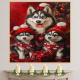 Festive Cheer: Siberian Husky Mom and Her Two Puppies in Cozy Sweaters on Ready to Hang 1.5" Thick Canvas Wrap, Floating Framed Canvas, Flat Rolled Canvas