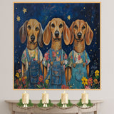 Whimsical Dachshund Trio Dog Art Print in Overalls with Starry Night Sky Background Cute Pet Wall Decor for Dog Lovers Kids Room Nursery or Gift on Ready to Hang 1.5" Thick Canvas Wrap, Floating Framed Canvas, Flat Rolled Canvas