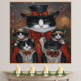 Victorian Yuletide Charm: Tuxedo Cat Mom with Four Kittens in Red Ribbons on Ready to Hang 1.5" Thick Canvas Wrap, Floating Framed Canvas, Flat Rolled Canvas