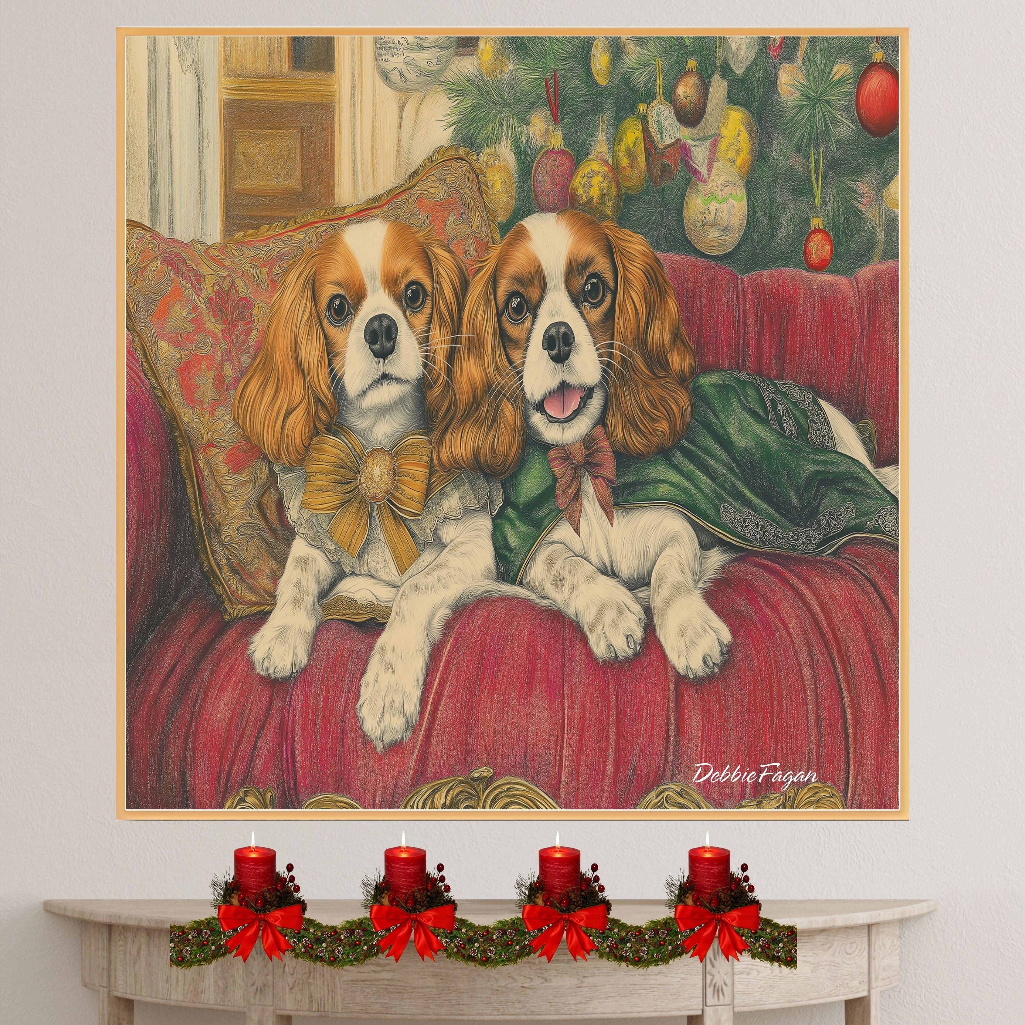 Dog Christmas Canvas - "Regal Retreat" - Elegant Cavalier King Charles Spaniel Lounging on a Vintage Red Ornate Sofa on Ready to Hang 1.5" Thick Canvas Wrap, Floating Framed Canvas, Flat Rolled Canvas