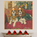 Dog Christmas Canvas - "Regal Retreat" - Elegant Cavalier King Charles Spaniel Lounging on a Vintage Red Ornate Sofa on Ready to Hang 1.5" Thick Canvas Wrap, Floating Framed Canvas, Flat Rolled Canvas