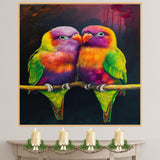 Vivid Lovebird Pair Artwork Featuring Rainbow Feathers in Purple Green Yellow and Orange on a Branch Against a Deep Dark Background with Artistic Flair on Ready to Hang 1.5" Thick Canvas Wrap, Floating Framed Canvas, Flat Rolled Canvas