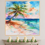 Watercolor Painting of a Vibrant Palm Tree on a Tropical Shoreline with Colorful Sky and Ocean Waves on Ready to Hang 1.5" Thick Canvas Wrap, Floating Framed Canvas, Flat Rolled Canvas