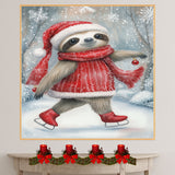 Christmas Sloth Ice Skating Art Print – Whimsical Red Sweater & Ornament Illustration, Holiday Winter Nursery Wall Decor, Cozy Woodland Animal Canvas on Ready to Hang 1.5" Thick Canvas Wrap, Floating Framed Canvas, Flat Rolled Canvas