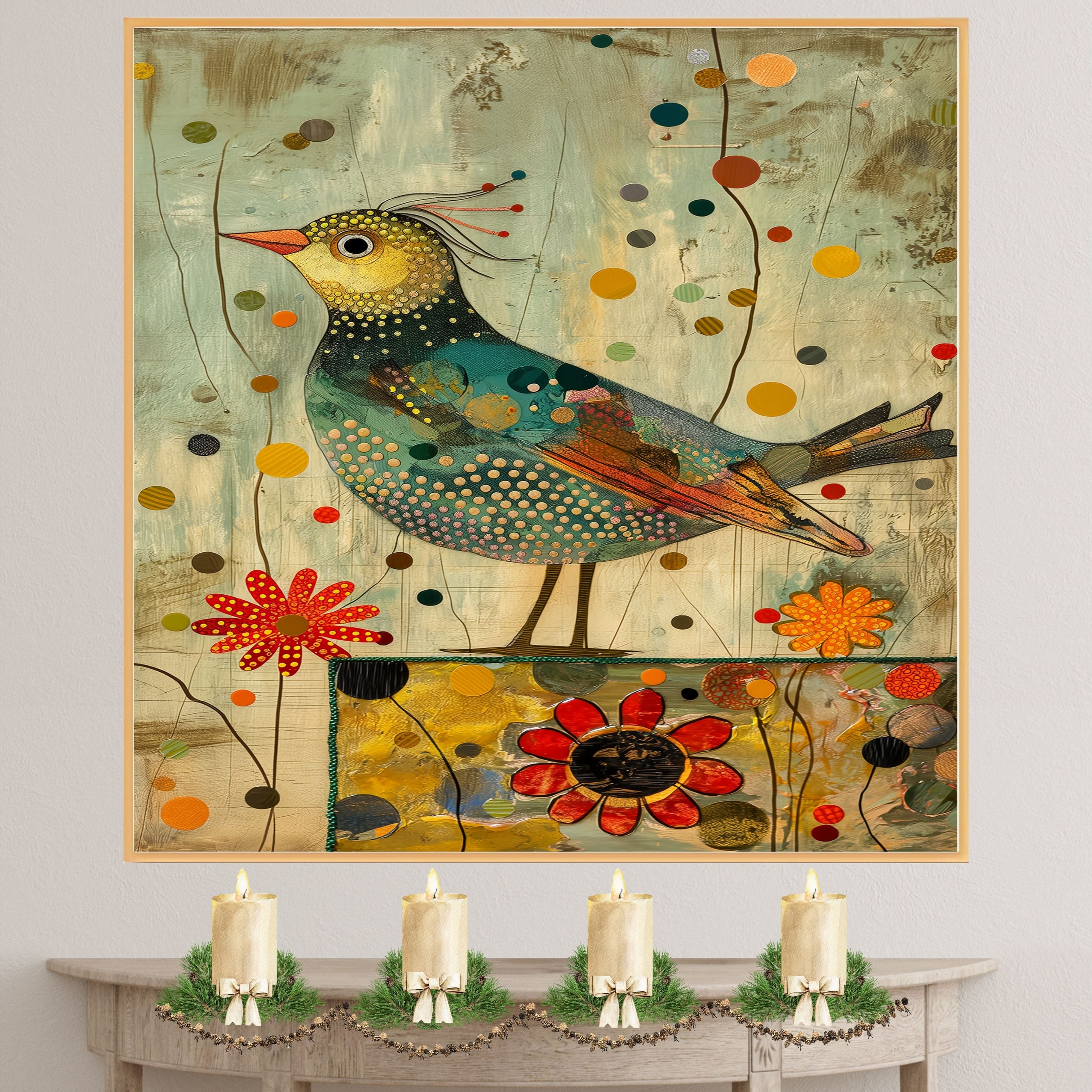 Charming Painting of a Whimsical Bird with Dotted Feathers and Abstract Flowers in Warm Earthy Colors Perfect for Nature Inspired or Eclectic Home Accents on Ready to Hang 1.5" Thick Canvas Wrap, Floating Framed Canvas, Flat Rolled Canvas