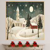 Christmas Folk Art Scene with Snowy Church, Red Barn, Lit Trees, and Falling Snowflakes Under a Glowing Winter Moon on Ready to Hang 1.5" Thick Canvas Wrap, Floating Framed Canvas, Flat Rolled Canvas