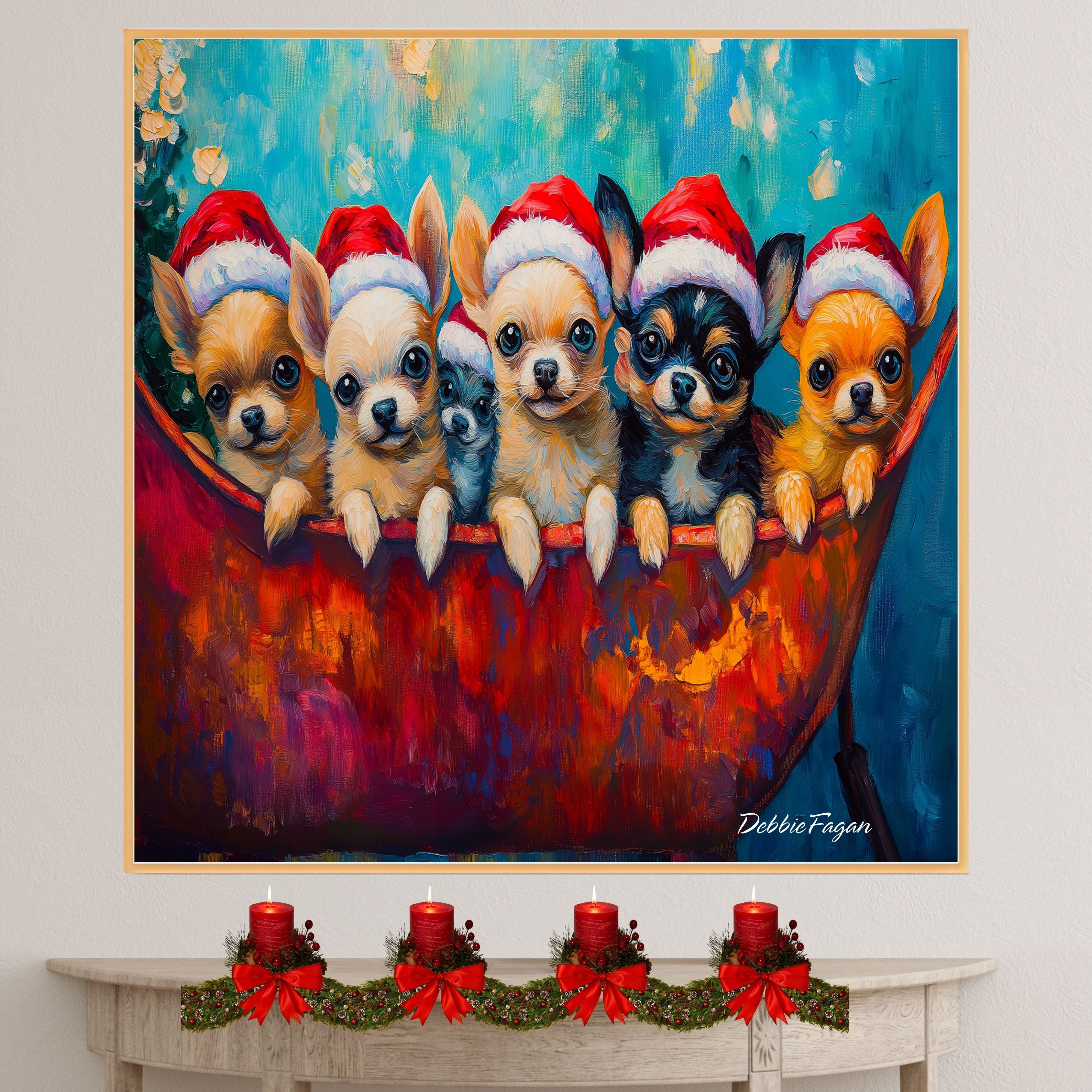 Dog Christmas Canvas  - ÒChihuahua CheerÓ - Adorable Puppies in Santa Hats on a Festive Sleigh on Ready to Hang 1.5" Thick Canvas Wrap, Floating Framed Canvas, Flat Rolled Canvas