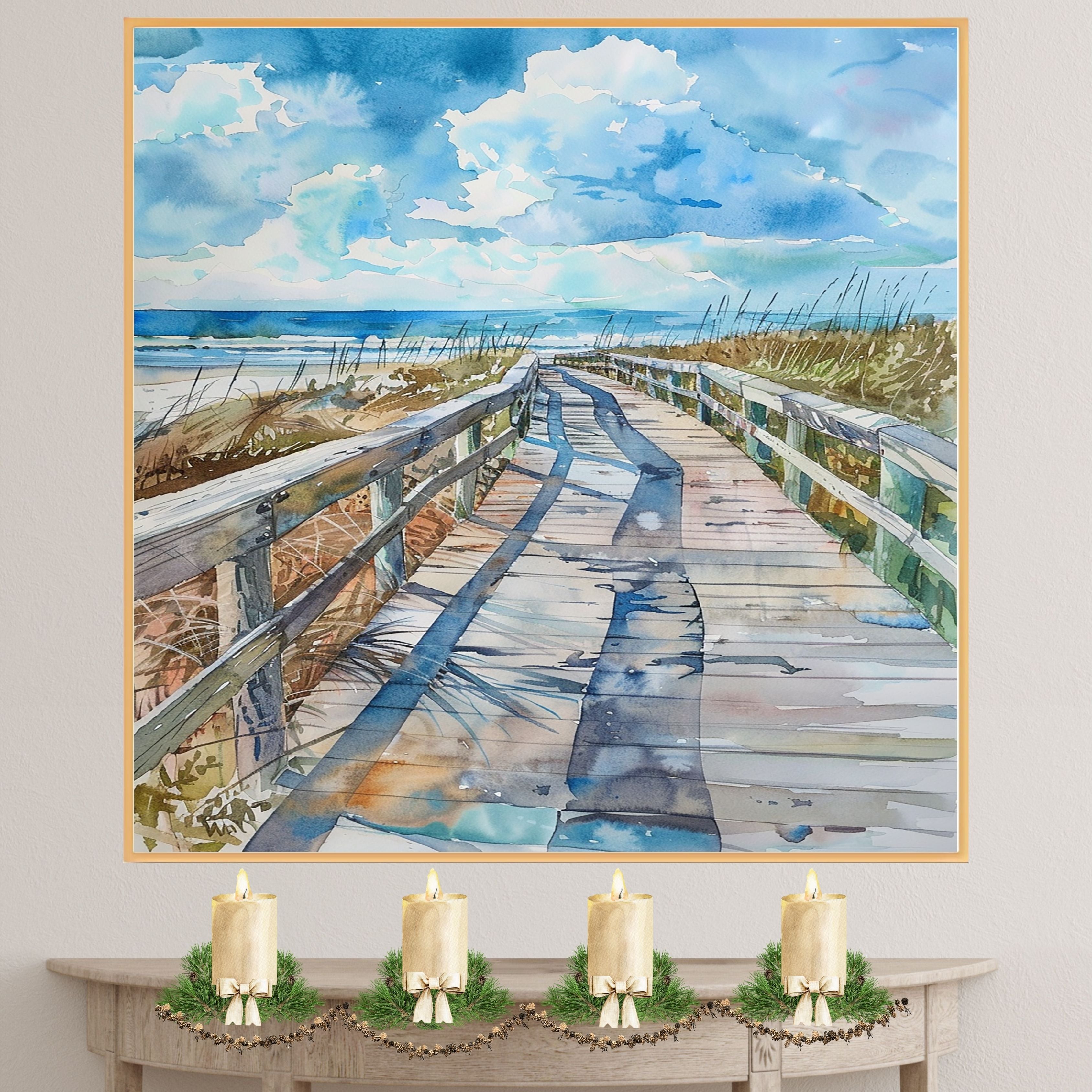 Curved Coastal Boardwalk Watercolor Painting – Beach Pathway with Ocean View and Sky on Ready to Hang 1.5" Thick Canvas Wrap, Floating Framed Canvas, Flat Rolled Canvas
