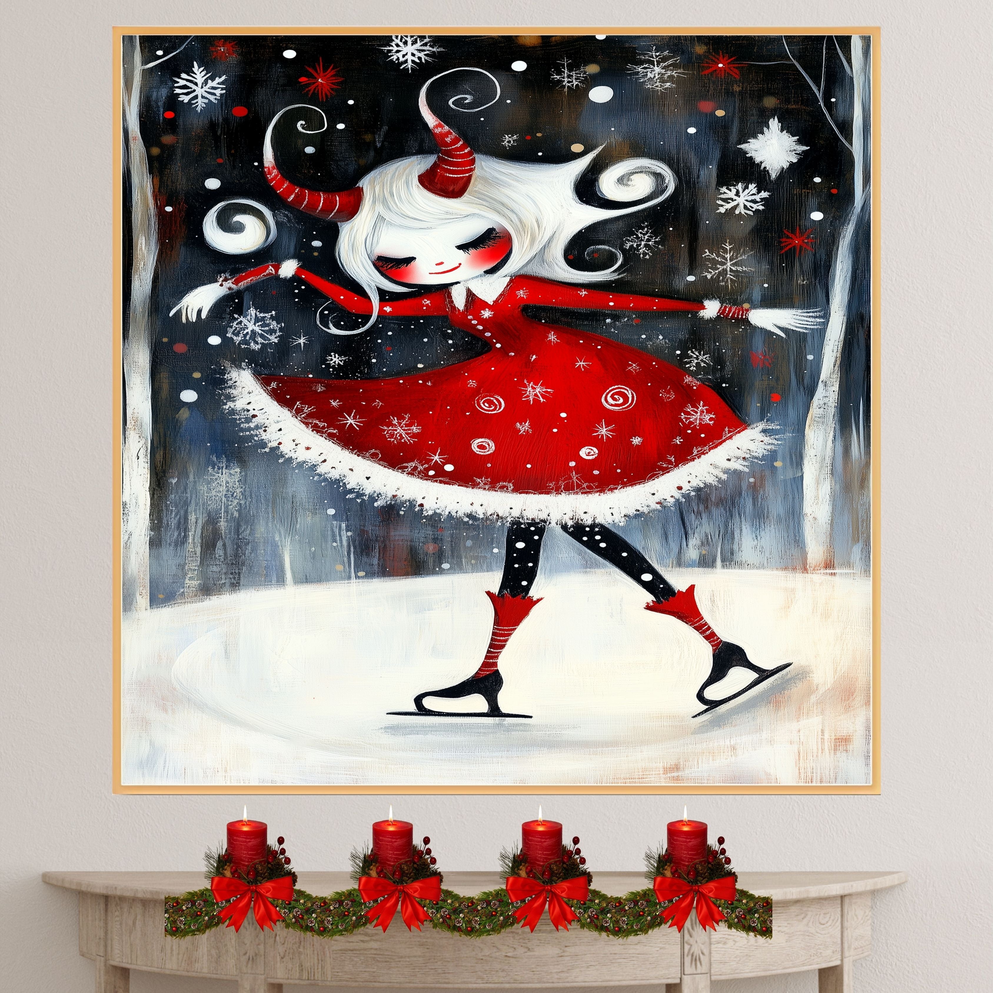 Whimsical Christmas Devil Girl Ice Skating in Red Winter Dress with White Hair and Twisted Horns Cute Fantasy Holiday Art Print or Canvas for Gothic Decor on Ready to Hang 1.5" Thick Canvas Wrap, Floating Framed Canvas, Flat Rolled Canvas