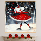 Whimsical Christmas Devil Girl Ice Skating in Red Winter Dress with White Hair and Twisted Horns Cute Fantasy Holiday Art Print or Canvas for Gothic Decor on Ready to Hang 1.5" Thick Canvas Wrap, Floating Framed Canvas, Flat Rolled Canvas