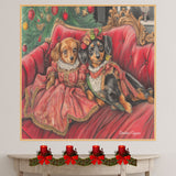 Christmas Canvas - "Stylish Doxies in Victorian Elegance" - Charming Dachshunds Dressed in Vintage Attire on Couch on Ready to Hang 1.5" Thick Canvas Wrap, Floating Framed Canvas, Flat Rolled Canvas