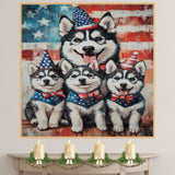 Stars & Stripes Siberian Style: Husky Mom with Cute 4th of July Puppies on Ready to Hang 1.5" Canvas Wrap, Floating Frame, or Rolled Canvas Print