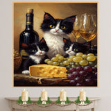 Wine and Whiskers: Tuxedo Cat Mom and Kittens Among Grapes and Cheese on Ready to Hang 1.5" Thick Canvas Wrap, Floating Framed Canvas, Flat Rolled Canvas