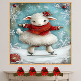 Whimsical Christmas Lamb Ice Skating with Red Sweater and Holly Crown – Sweet Winter Animal Illustration for Holiday Nursery Decor, Gifts, or Seasonal Joy on Ready to Hang 1.5" Thick Canvas Wrap, Floating Framed Canvas, Flat Rolled Canvas