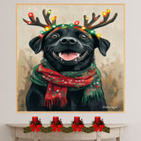 "Rustic Noel" - Black Labrador Dog with Festive Antlers & Cozy Scarf on Rustic Canvas, Ready to Hang 1.5" Thick Canvas Wrap, Floating Framed Canvas, Flat Rolled Canvas