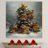 Christmas Frogs Canvas Wall Art featuring Cute Tree Frogs in a Snowy Tree with Star and Ornaments Cozy Holiday Animal Print for Winter Home Décor on Ready to Hang 1.5" Thick Canvas Wrap, Floating Framed Canvas, Flat Rolled Canvas
