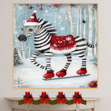 Whimsical Christmas Zebra Ice Skating Print – Cute Striped Animal in Santa Hat & Red Saddle Blanket, Festive Holiday Winter Wall Art, Nursery or Seasonal Decor on Ready to Hang 1.5" Thick Canvas Wrap, Floating Framed Canvas, Flat Rolled Canvas
