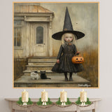 Little Witch Girl with Pumpkin and Cats on Porch – Whimsical Halloween Folk Art Illustration on Ready to Hang 1.5" Thick Canvas Wrap, Floating Framed Canvas, Flat Rolled Canvas