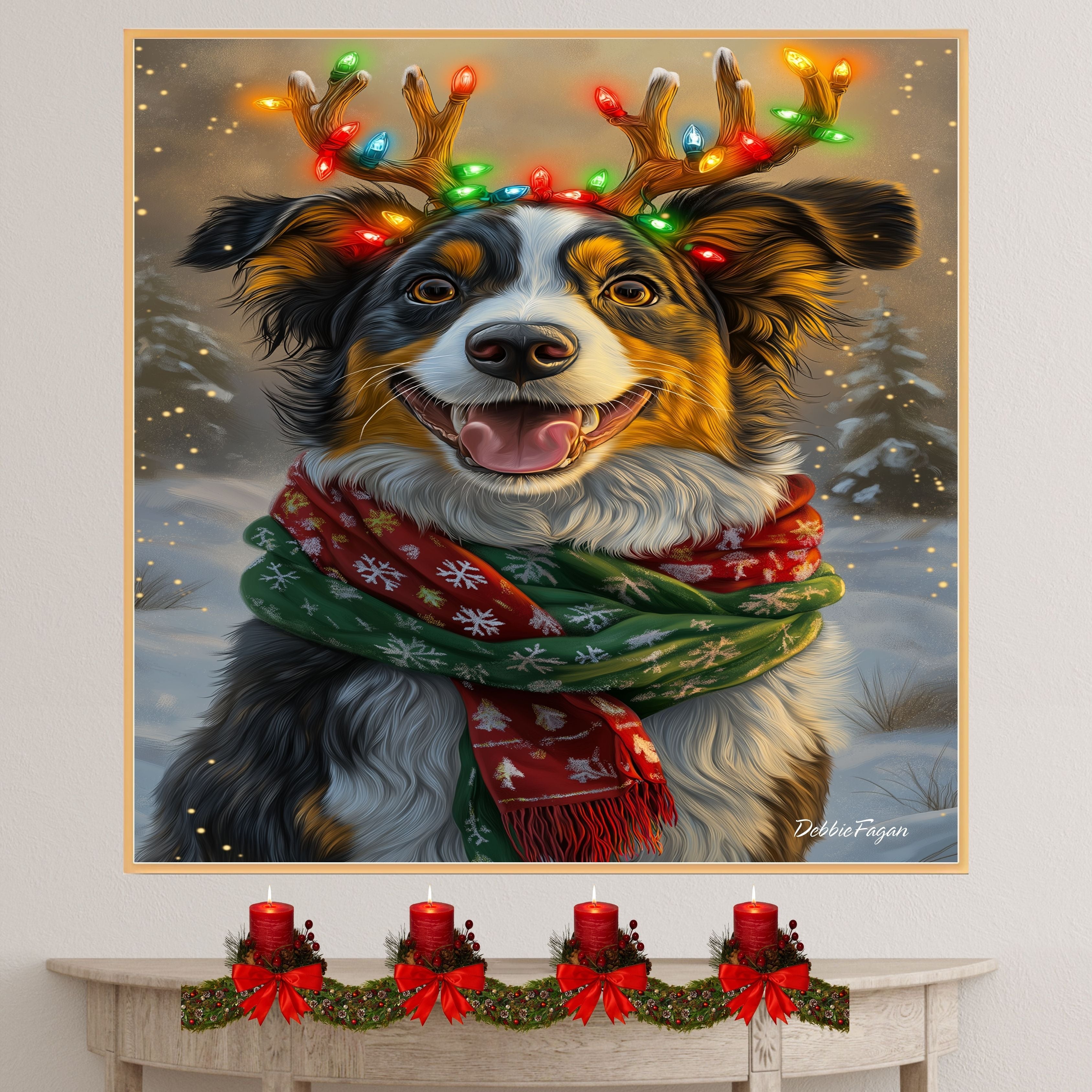 Australian Shepherd Christmas Charm - 'Merry Antlers' - Australian Shepherd Dog with Glowing Antlers & Holiday Scarf on Ready to Hang 1.5" Thick Canvas Wrap, Floating Framed Canvas, Flat Rolled Canvas