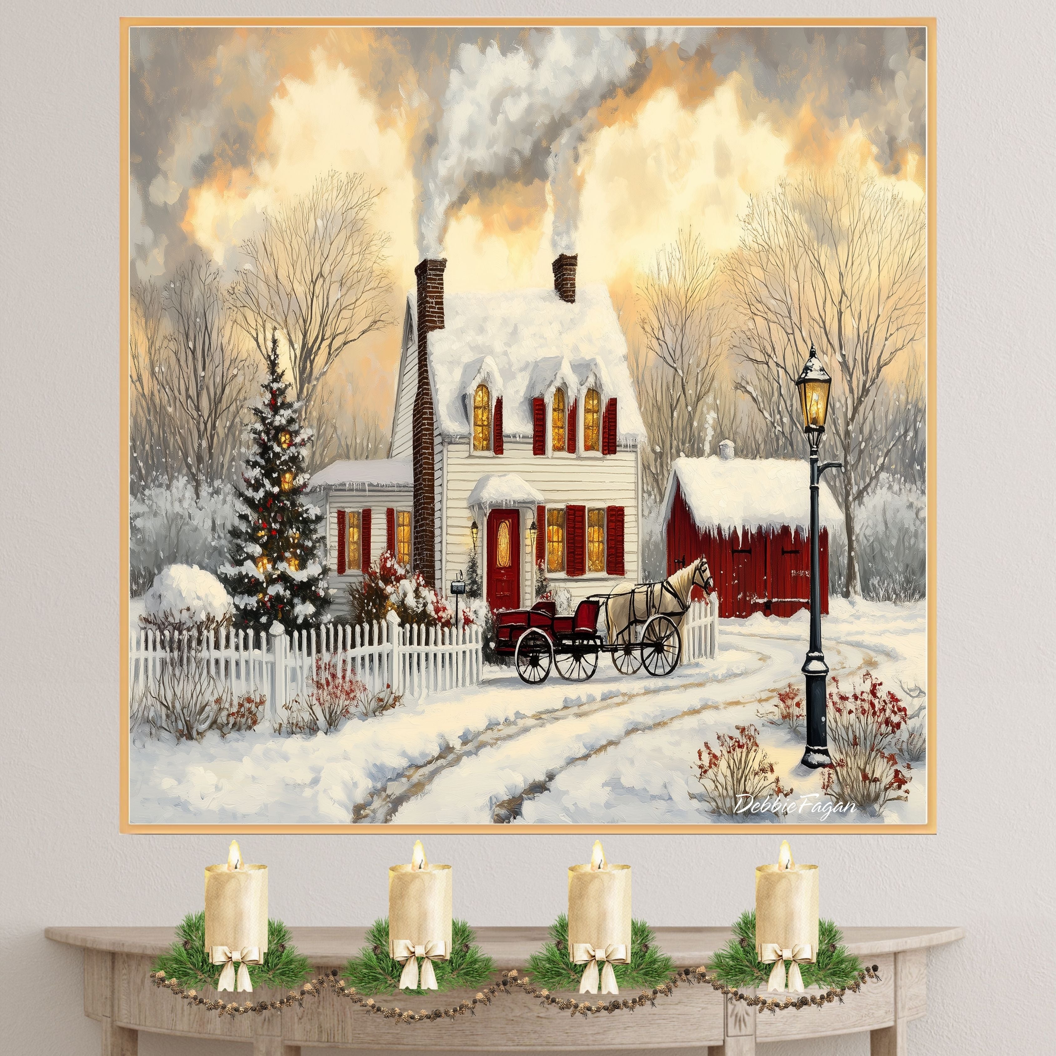 Winter Farmhouse – Cozy Snow-Covered Country Home with Red Barn, Trees and Horse Wall Art Print on Ready to Hang 1.5" Thick Canvas Wrap, Floating Framed Canvas, Flat Rolled Canvas