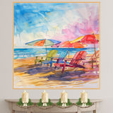 Colorful Watercolor Beach Chairs & Umbrellas Painting – Coastal Ocean Scene on Ready to Hang 1.5" Thick Canvas Wrap, Floating Framed Canvas, Flat Rolled Canvas