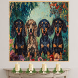 Van Gogh-Style Canvas Painting of Four Dachshund Dogs in a Colorful Floral Garden Setting on Ready to Hang 1.5" Thick Canvas Wrap, Floating Framed Canvas, Flat Rolled Canvas