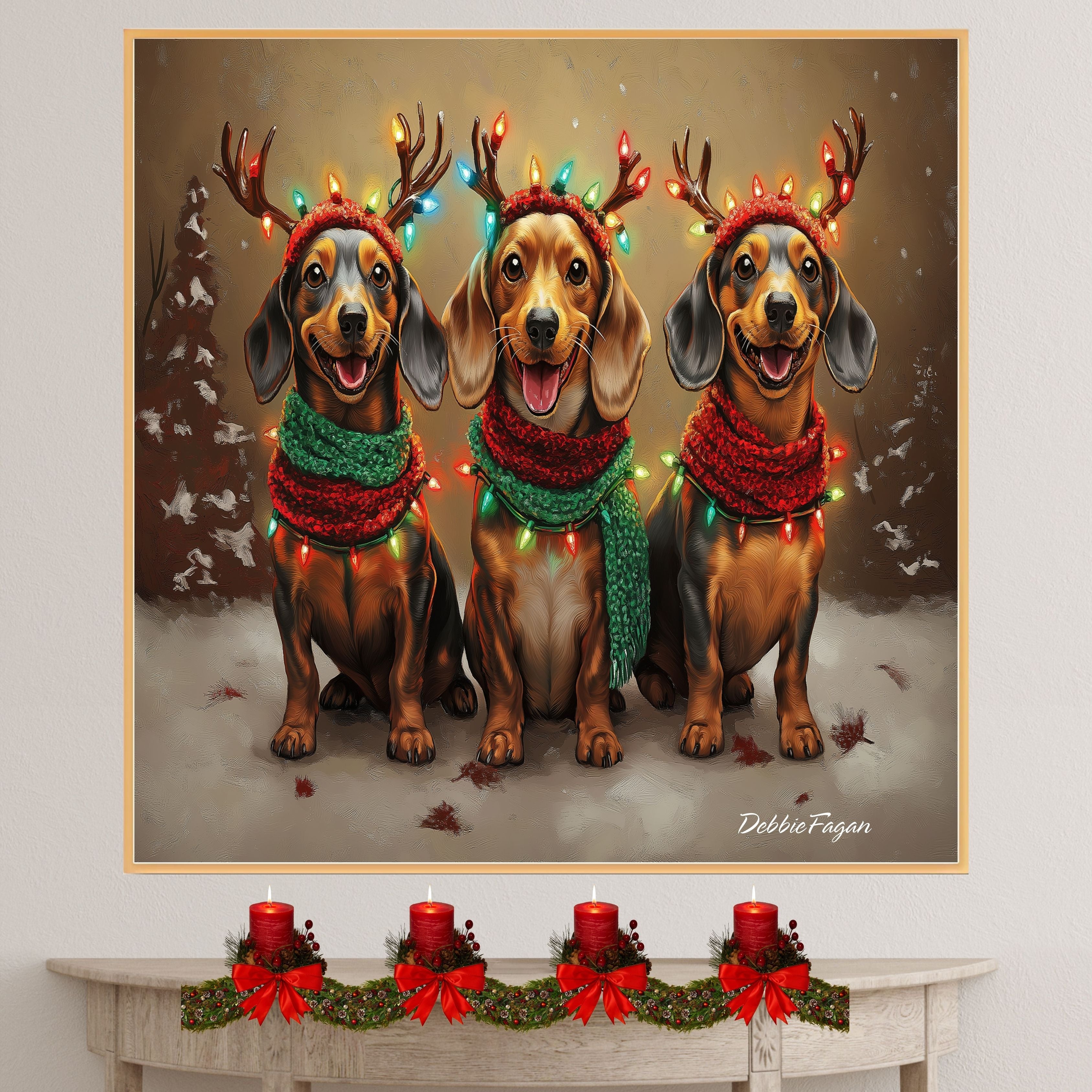 Dachshund Christmas Canvas - "Doxie Delight" - Festive Lighted Weiner Dogs in Winter Snow on Ready to Hang 1.5" Thick Canvas Wrap, Floating Framed Canvas, Flat Rolled Canvas