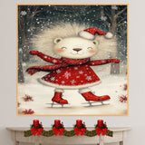 Whimsical Christmas Lion Ice Skating in Red Snowflake Dress and Santa Hat – Festive Holiday Animal Art for Winter Nursery Decor, Gifts, or Seasonal Cheer on Ready to Hang 1.5" Thick Canvas Wrap, Floating Framed Canvas, Flat Rolled Canvas