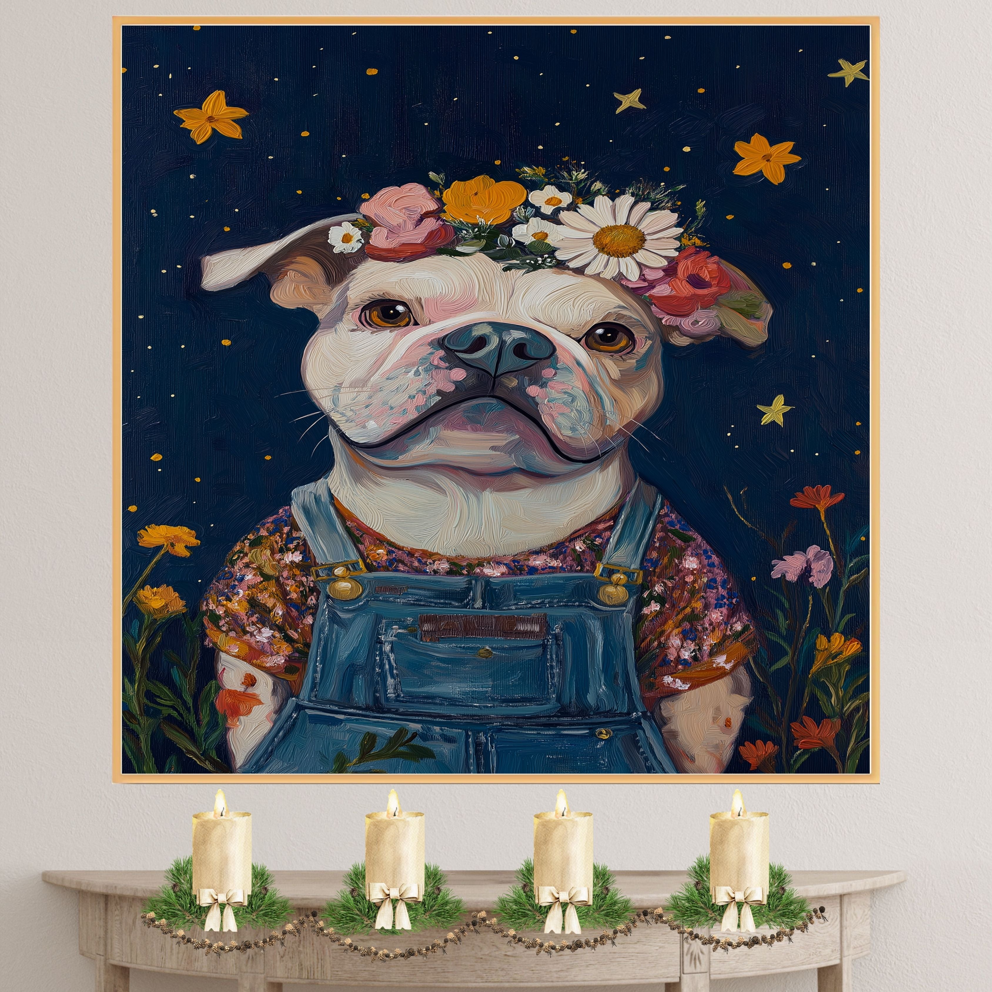 Cute Plump Dog in Overalls Painting Adorable Floral Crown Pup Artwork Perfect for Cozy Home Office Nursery Dog Lovers Wall Decor Gift for Pet and Art Enthusiasts on Ready to Hang 1.5" Thick Canvas Wrap, Floating Framed Canvas, Flat Rolled Canvas