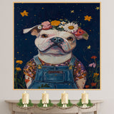Cute Plump Dog in Overalls Painting Adorable Floral Crown Pup Artwork Perfect for Cozy Home Office Nursery Dog Lovers Wall Decor Gift for Pet and Art Enthusiasts on Ready to Hang 1.5" Thick Canvas Wrap, Floating Framed Canvas, Flat Rolled Canvas