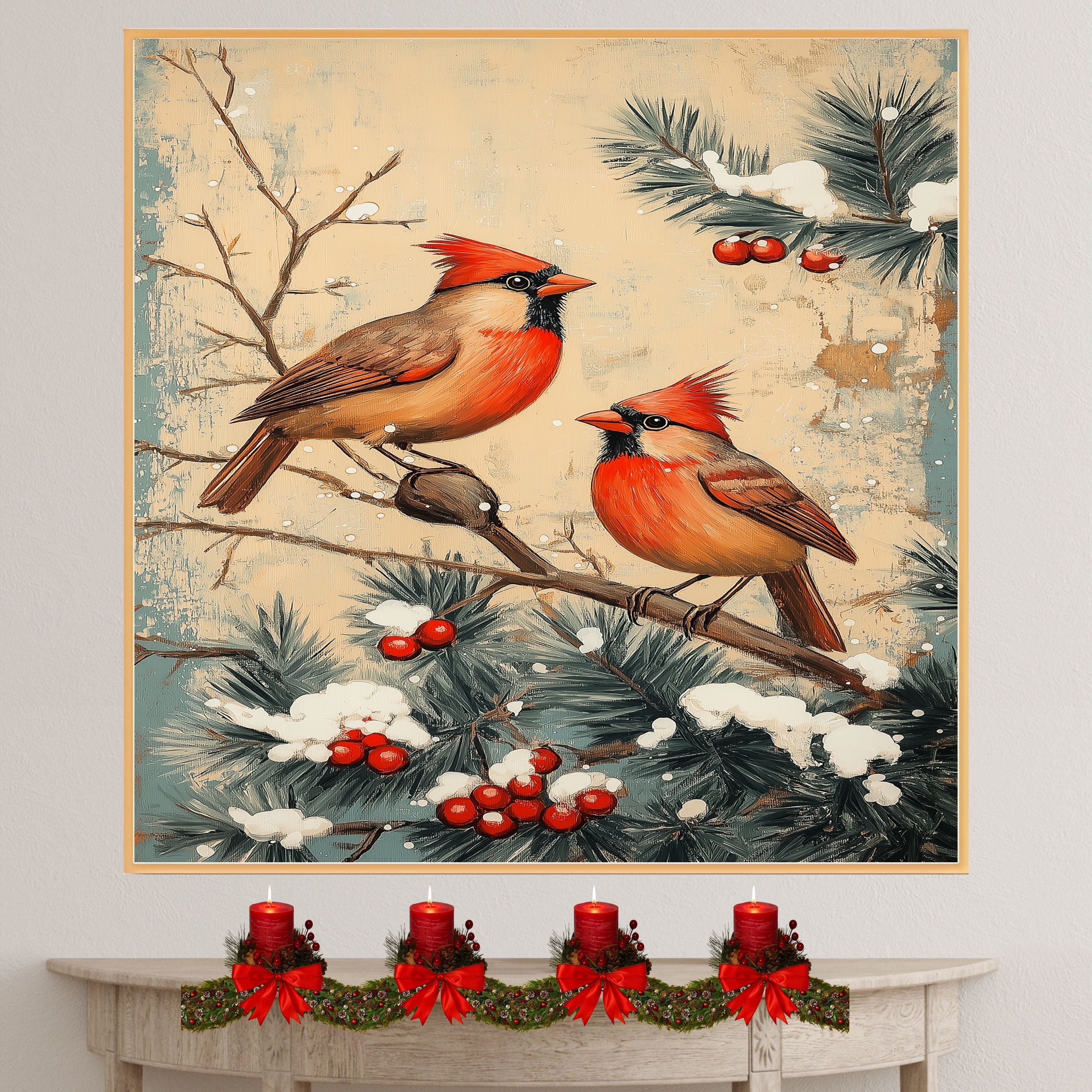 Charming Retro Style Painting of Two Cardinals on Snowy Branches with Pine and Red Berries Perfect for Christmas Decoration or Winter Nature Themed Gift on Ready to Hang 1.5" Thick Canvas Wrap, Floating Framed Canvas, Flat Rolled Canvas