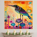 Vibrant Painting of a Whimsical Bird with Colorful Dot Patterns Standing Among Fantasy Flowers on a Bright Abstract Background for Bold Artistic Spaces on Ready to Hang 1.5" Thick Canvas Wrap, Floating Framed Canvas, Flat Rolled Canvas