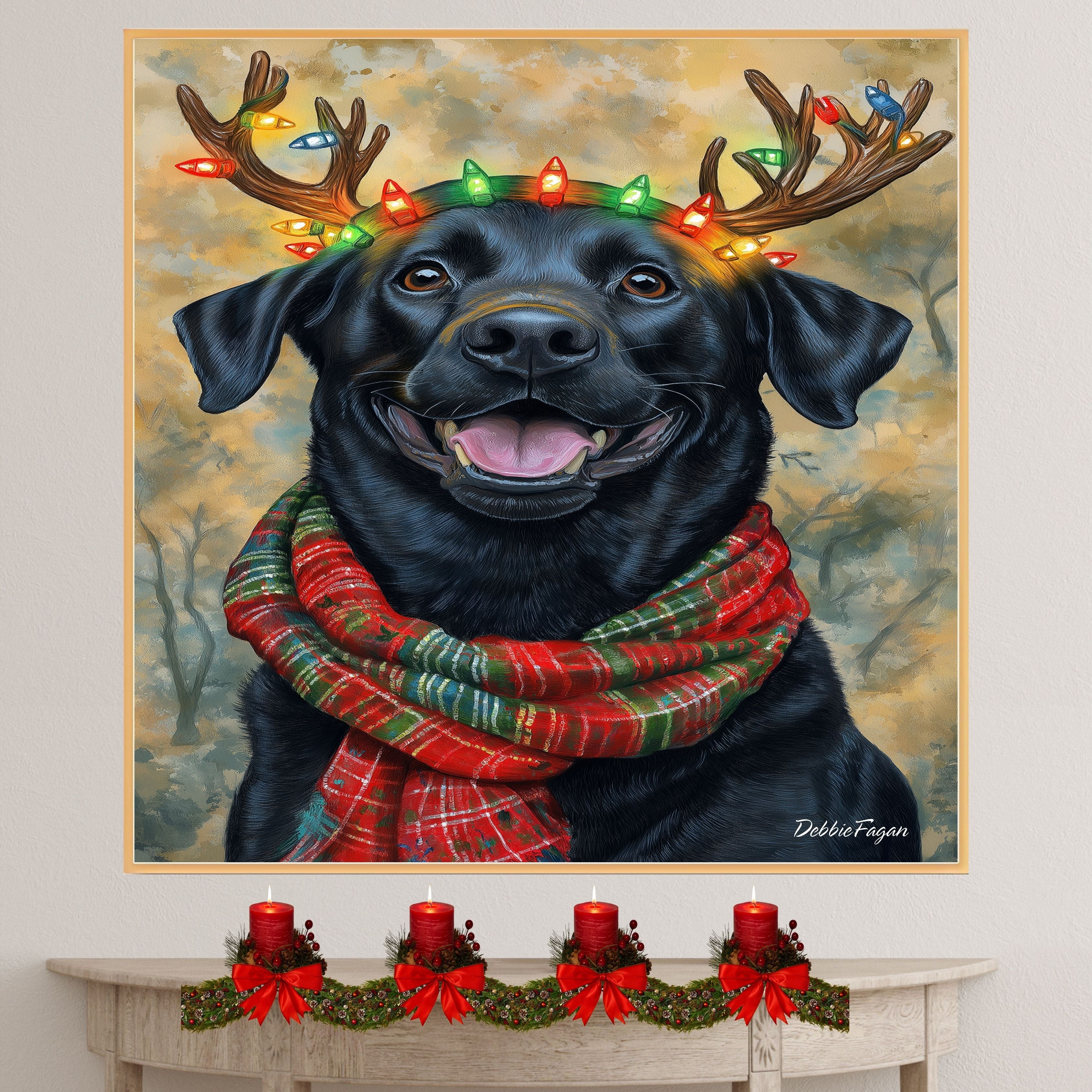 Forest Glow' - Black Labrador Dog with Lighted Antlers & Holiday Scarf in Snowy Forest, Ready to Hang 1.5" Thick Canvas Wrap, Floating Framed Canvas, Flat Rolled Canvas